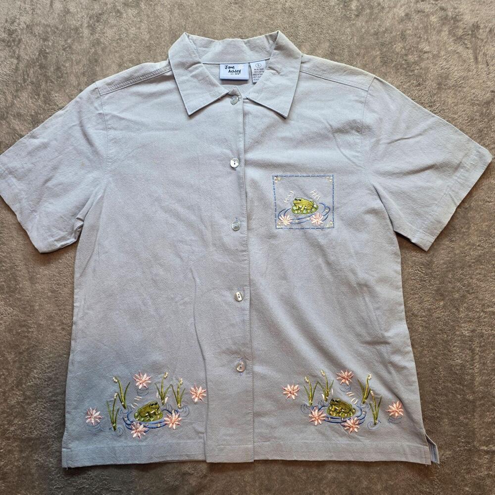 Jane Ashley Button Up Shirt Womens S Gray Frog Floral Beaded Embroidered Cotton